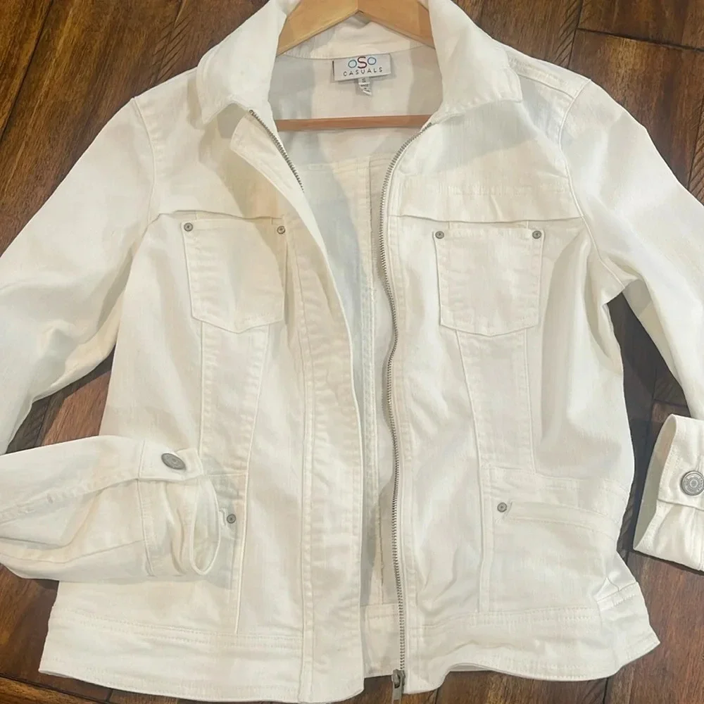OSO Casuals Off White Denim Zip Front Jean Jacket Size Small - Picture 1 of 13